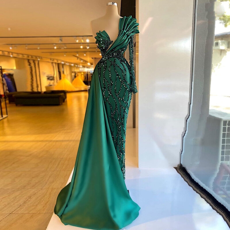 Dubai Dark Green Evening Dresses Sequins Beads Single Long Sleeves Women Formal Wedding Party Gowns Met Gala Robe Vestido De Noc