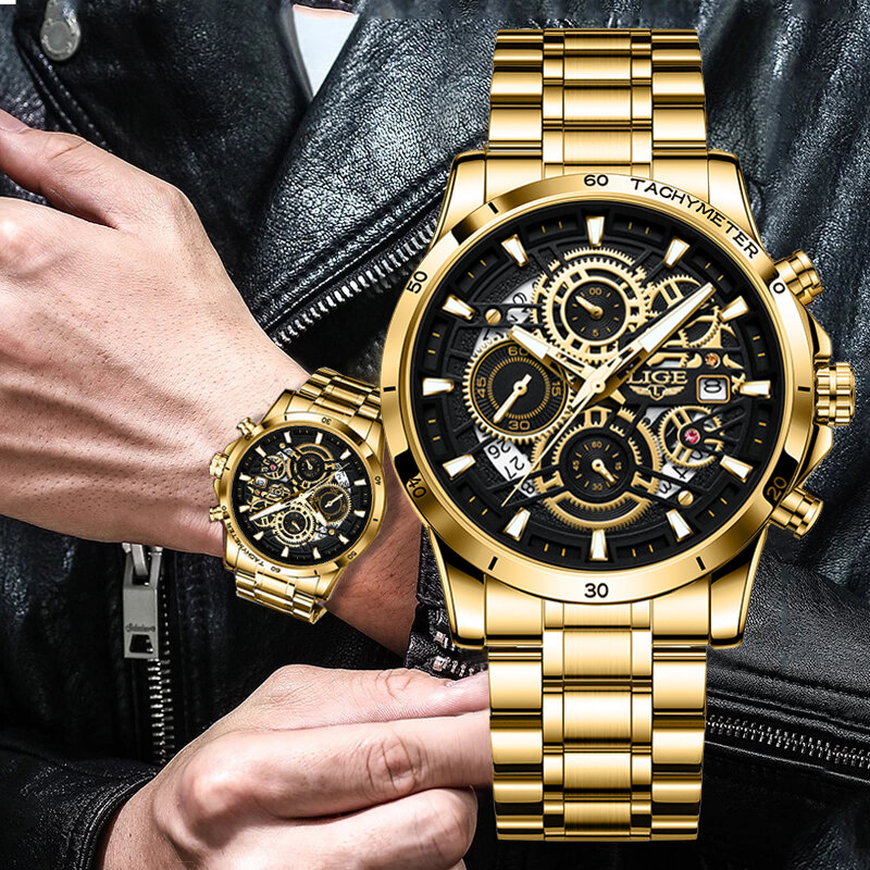 Ligeレロジオmasculino男性腕時計高級ゴールドビッグダイヤルステンレス鋼男性のカジュアルドレス腕時計ミリタリークォーツ腕時計