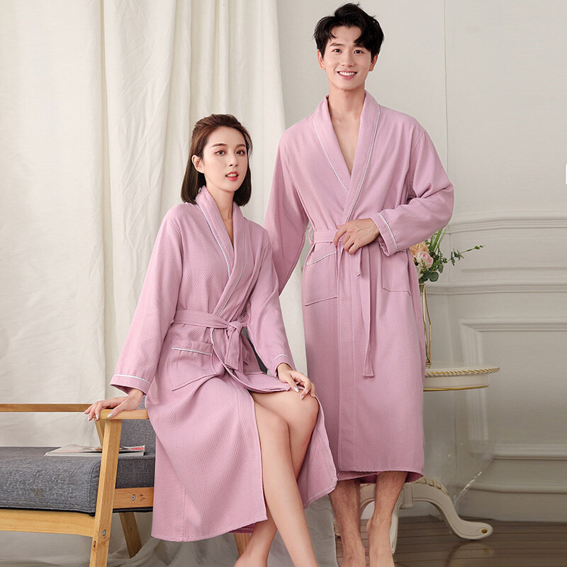 Solid โรงแรม Robe ผู้ชายผ้าฝ้ายเสื้อคลุมอาบน้ำ Kimono Plus ขนาดผ้าเช็ดตัว Robe วาฟเฟิลสำหรับผู้หญิงยาว Dressing ...