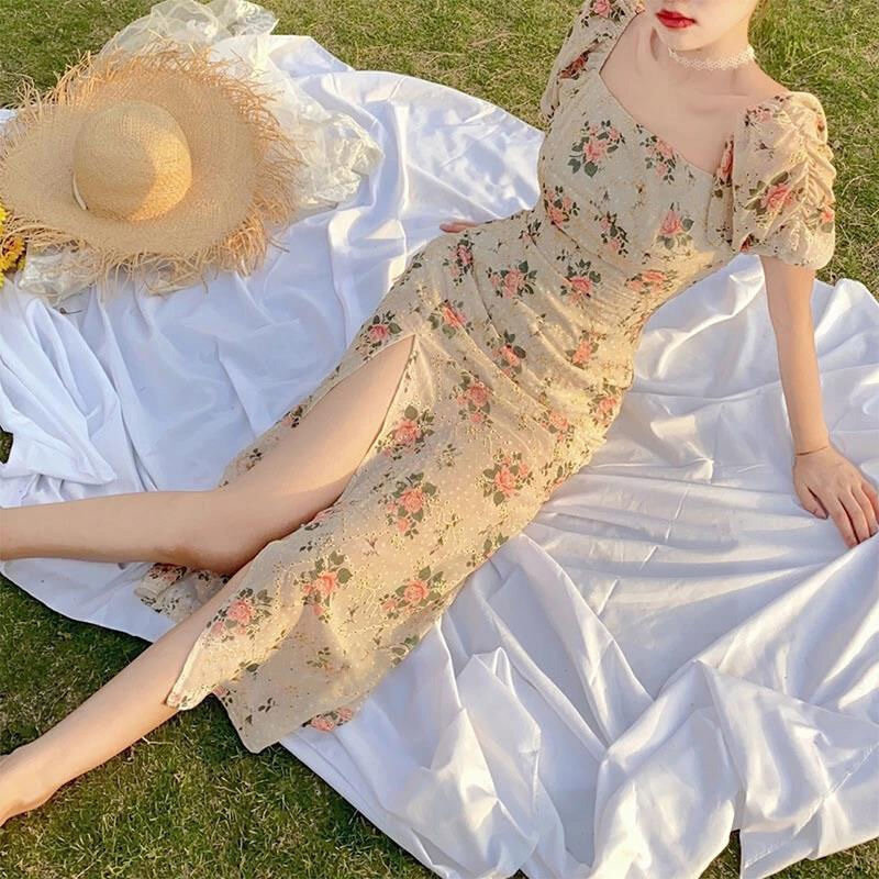 1pcs Elegant Women's Sexy Dresses Full Sleeve Open Back 2024 Summer Floral Lace Up Hollow Out Split Dress Female Robe S-2xl