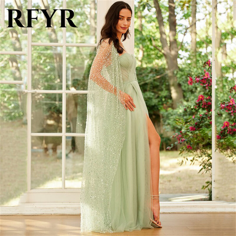 Gaun malam hijau RFYR jaket Glitter berkilau gaun Prom gaun pesta belahan tinggi sisi atas manis Tulle رر
