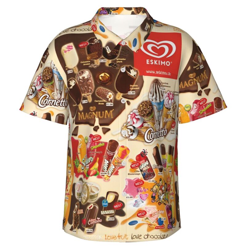 Camisa hawaiana de helado para hombre, camisa de manga corta con botones, ropa de playa, vacaciones de verano