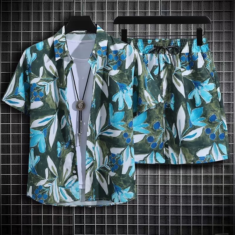 Men's Printed Quick Dried Casual Tracksuits Short Sleeve Shirt And Shorts Beach Sports Summer Sets