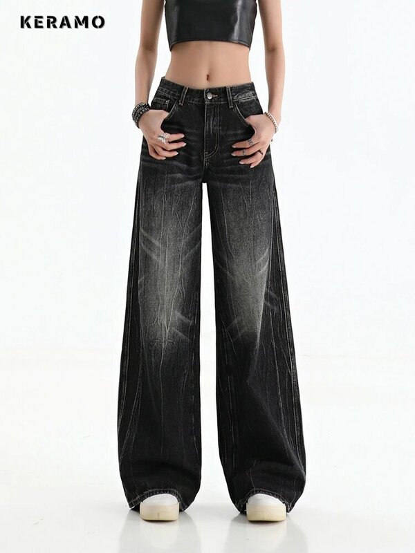 Женские джинсы в повседневном стиле, винтажные свободные брюки с высокой талией, широкие Мешковатые Черные джинсовые брюки в стиле панк, Y2K, весна 2024