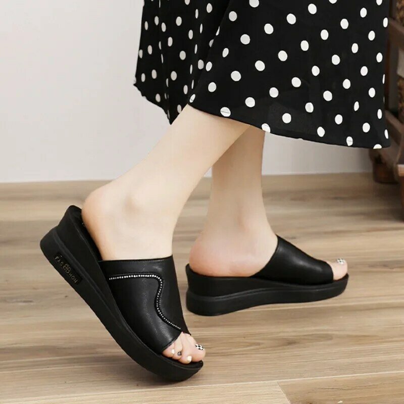 Comemore Mom Wedge Heel Slippers Non-slip Soft Bottom Leather 2024 New Female Summer Fashion Platform Sandals Heeled Shoes Woman