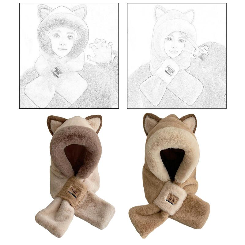 Plush Hooded Scarf Ear Protection Ladies 2 in 1 Cartoon Soft Animals Hat for Cosplay Parties Outdoor Sports Riding Birthday Gift