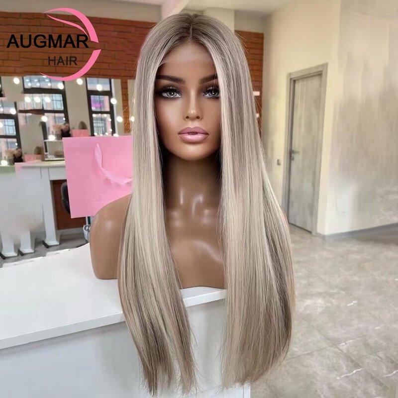 Wig depan renda dasar sutra 13x4 Wig Frontal lurus HD renda Wig 30 inci Ash Blonde sorot renda depan Wig rambut manusia untuk wanita