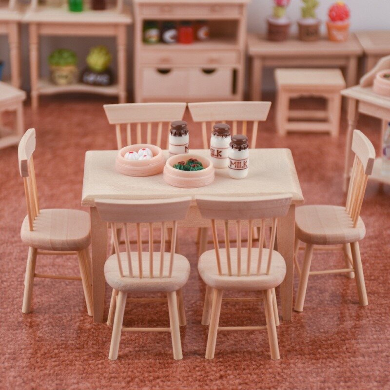 Mini Dining Table Chair Model 1:12 Scale Dollhouse Miniature Wooden Furniture Toy Set for Doll House Accessories