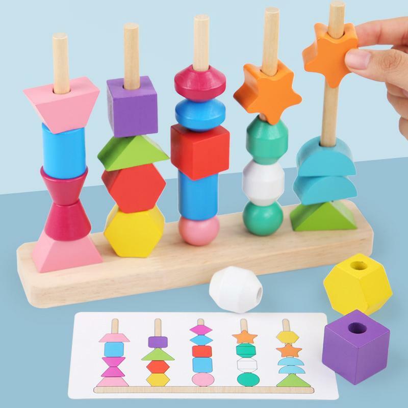 Montessori Madeira Beads Toy Set, laço educacional Beads, Forma Sorter, empilhamento bloco, STEM