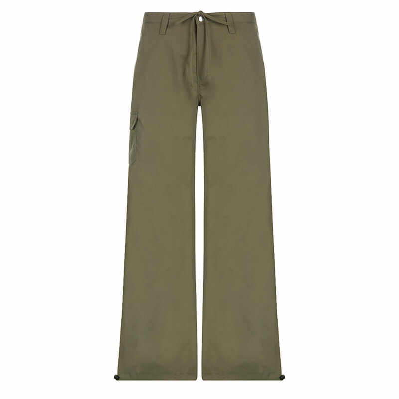 Pantalones informales con bolsillo para mujer, pantalón de tiro bajo, recto, con cordón, Cargo, sencillo, Vintage, a la moda