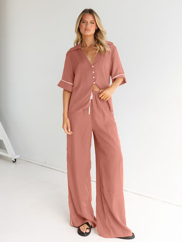 Marthaqiqi Summer Ladies Pajamas Set V-Neck Sleepwear Half Sleeve Nightgowns Wide Leg Pants Casual Female Nightwear 2 Piece Suit