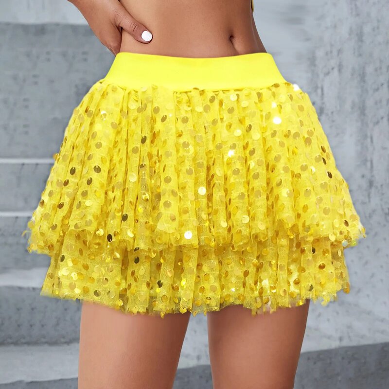 Женские короткие юбки, популярная новинка 2024, плиссированная блестящая сетчатая Пышная юбка с высокой талией, командная одежда для выступлений