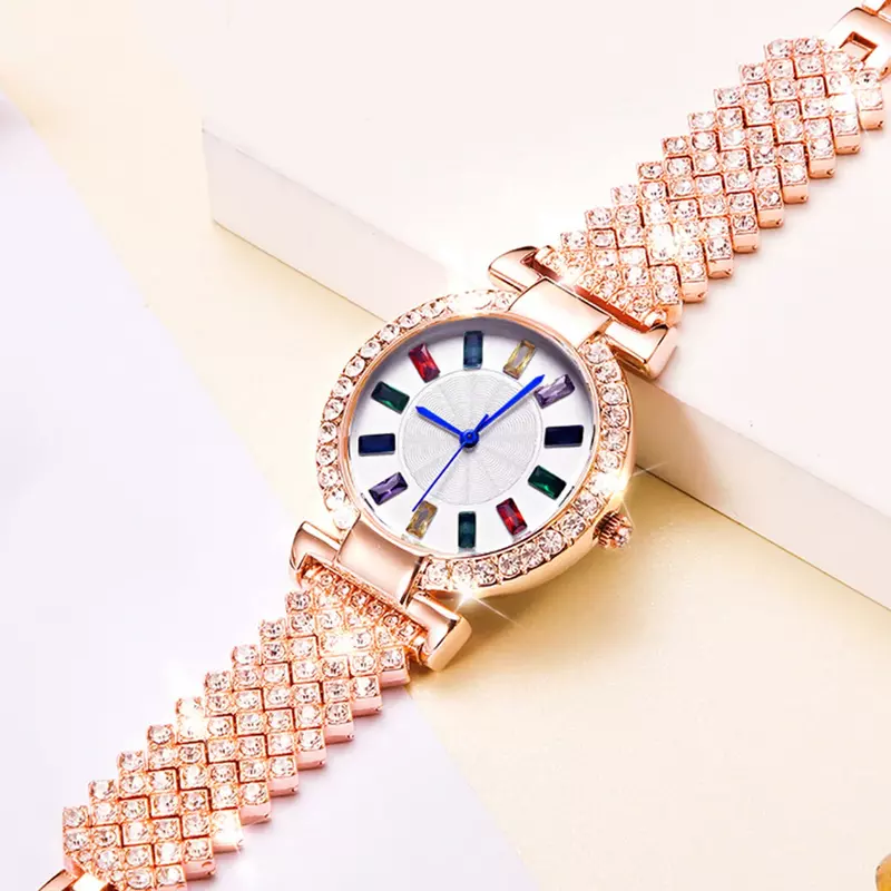 Reloj de cuarzo con diamantes de imitación para mujer, cronógrafo con correa de acero de oro rosa, Estrella completa, lujo, superflash, tendencia de moda
