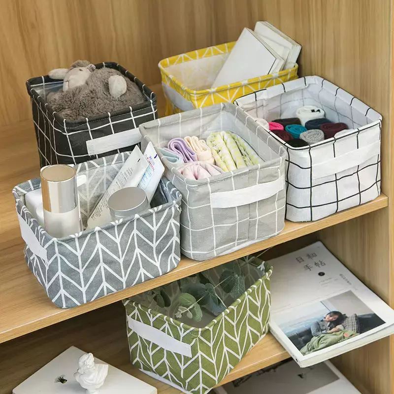Caja de almacenamiento plegable para dormitorio, cesta organizadora de cosméticos, tela de lino y algodón para el hogar