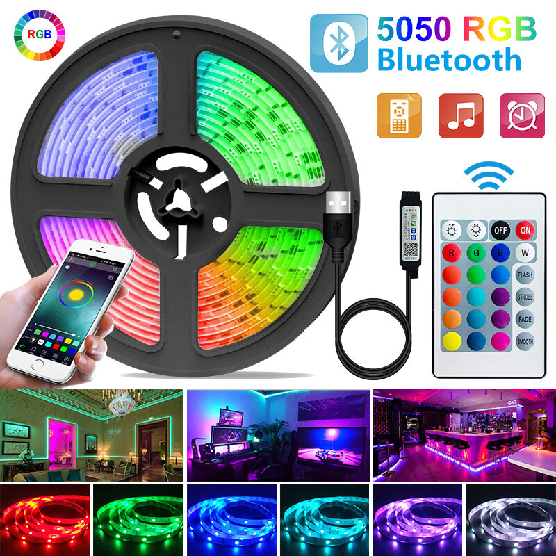USB Bluetooth LED Strip Light, lâmpada flexível, fita de fita, TV, desktop, tela, luz de fundo, diodo, SMD, DC5V, 5050, 2835, 30m