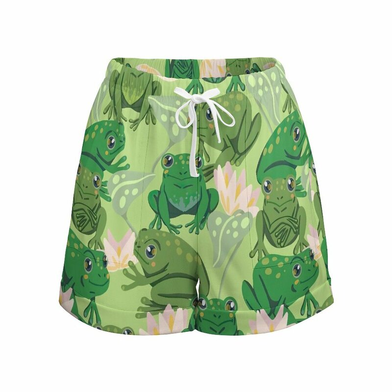 Schattige Frog Lotus Shorts Roze Bloemen Oversized Street Fashion Shorts Elastische Hoge Taille Korte Broek Vrouwen Design Zakken Broekjes