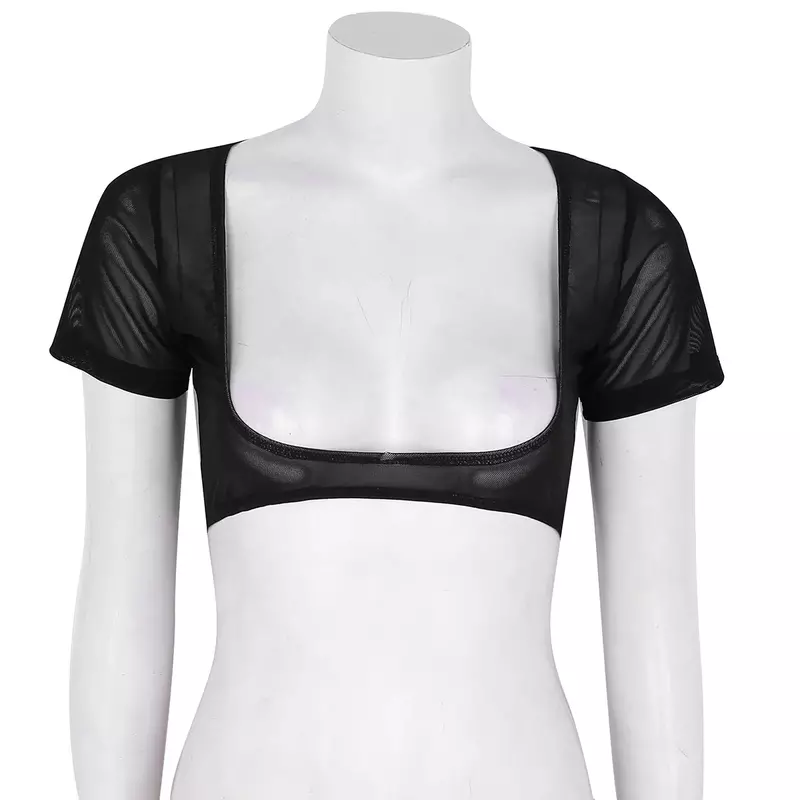 女性用ソフトメッシュ透明オープンバスト半袖ラップトップ、ベリーダンスコスチューム、クロップトップカバーアップ、ダンスウェア