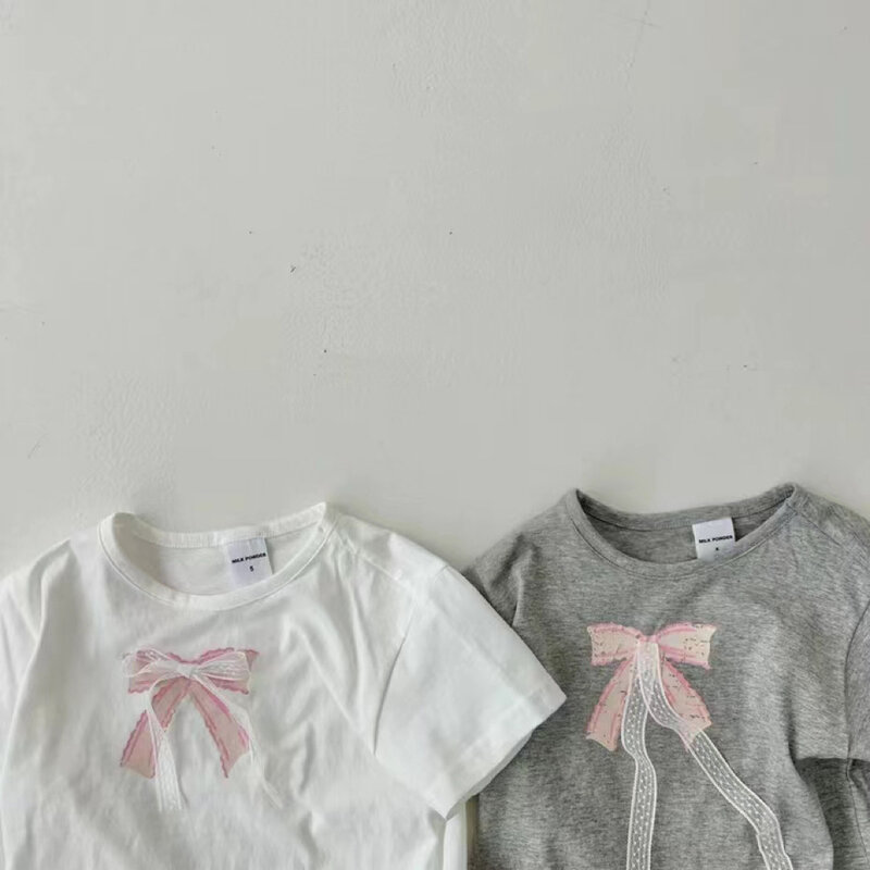 Camisetas de manga curta em algodão para bebês, camiseta de renda doce, tops casuais para crianças, criança doce fofa, moda nova, verão, 2022