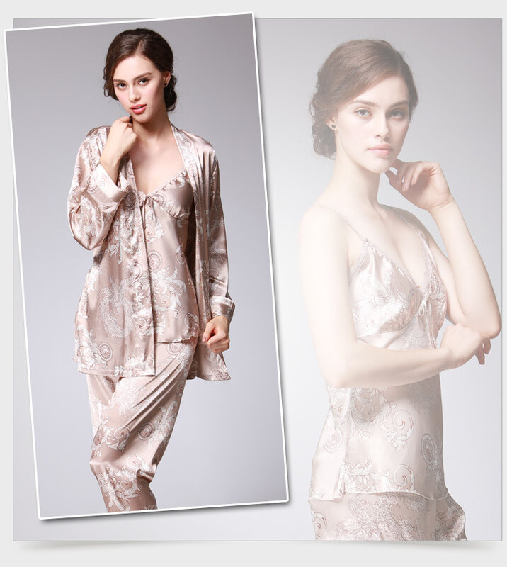 Conjunto de pijamas de cetim de seda feminino, conjuntos florais sedosos, pijamas, pijamas Cami com robe e calcinha, 3 peças