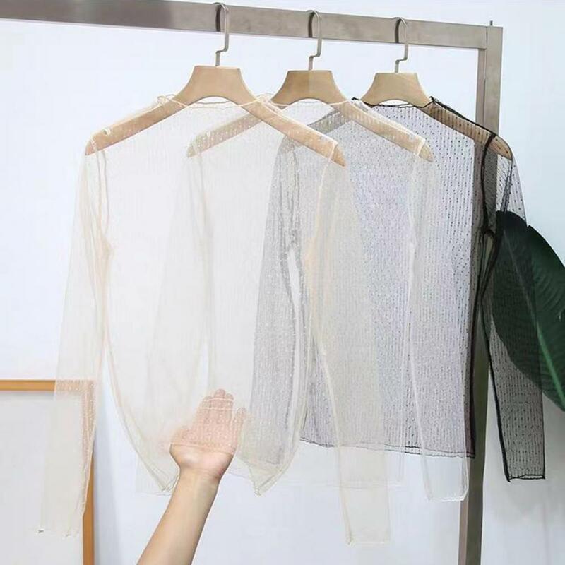 Camisa de manga longa com gola simulada feminina, blusa macia de renda feminina, ultrafina, transparente, casual, primavera, verão