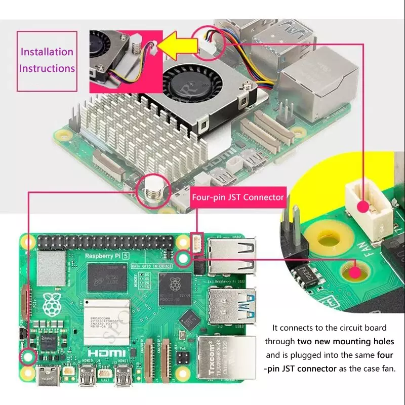 Raspberry Pi 5 Active Cooler, Ventilador oficial, Dissipador de calor com velocidade ajustável, Ventilador de metal