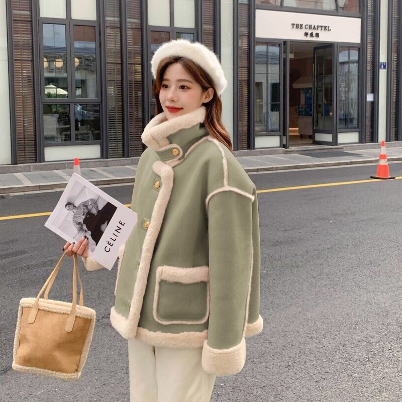 Pink Sherpa Cashmere Jacket Ladies Short Winter Fur Solid Color Loose Stitching Long Sleeve Small Korean Style Thickening New