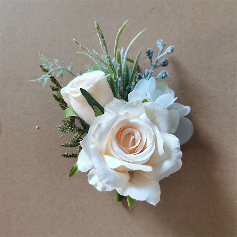 Flores Artificiais para Groomsmen, Rosas Brancas, Corsage Marfim, Buttonhole, Acessórios Do Casamento Para Homens, Boutonniere