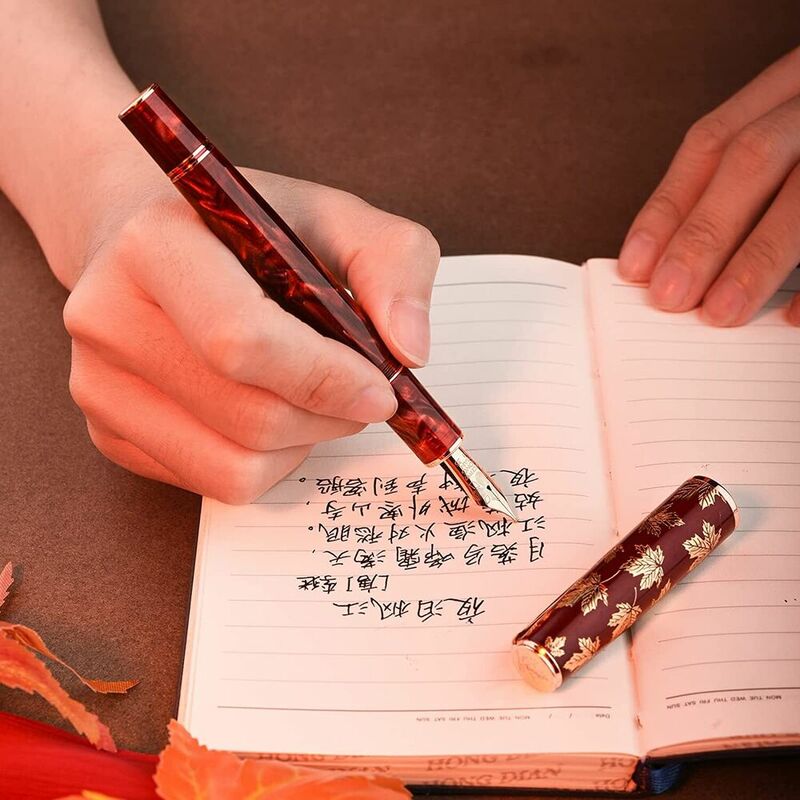 Hongdian N8 만년필, 빨간색 아크릴 수지 메이플 리프 조각 캡, EF/F 펜촉 트림, 부드러운 쓰기 펜, 변환기 선물 펜, 신제품