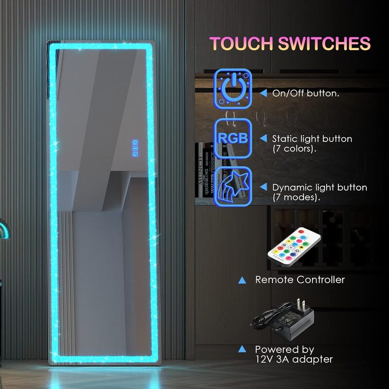 Full Body LED Mirror with RGB Lights Crushed Diamond Frame 63x20 Floor/Wall Standing Mirror Adjustable Colors & Brightness HD