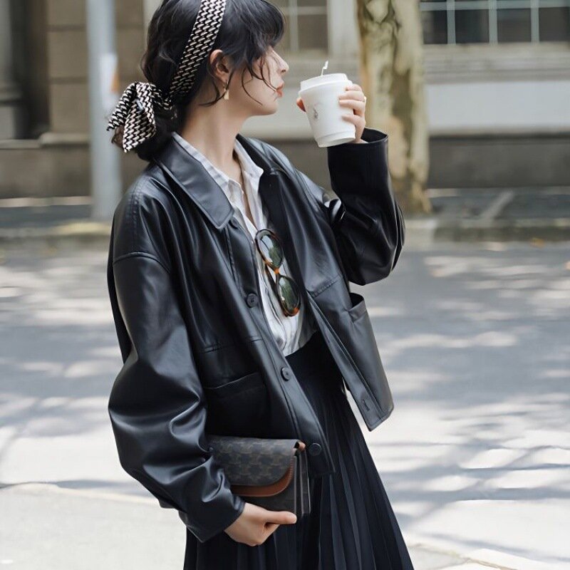 Jaqueta de couro preta feminina, lapela casual solta, casaco de couro PU, moda feminina, outwear de peito único, terno de motocicleta, primavera