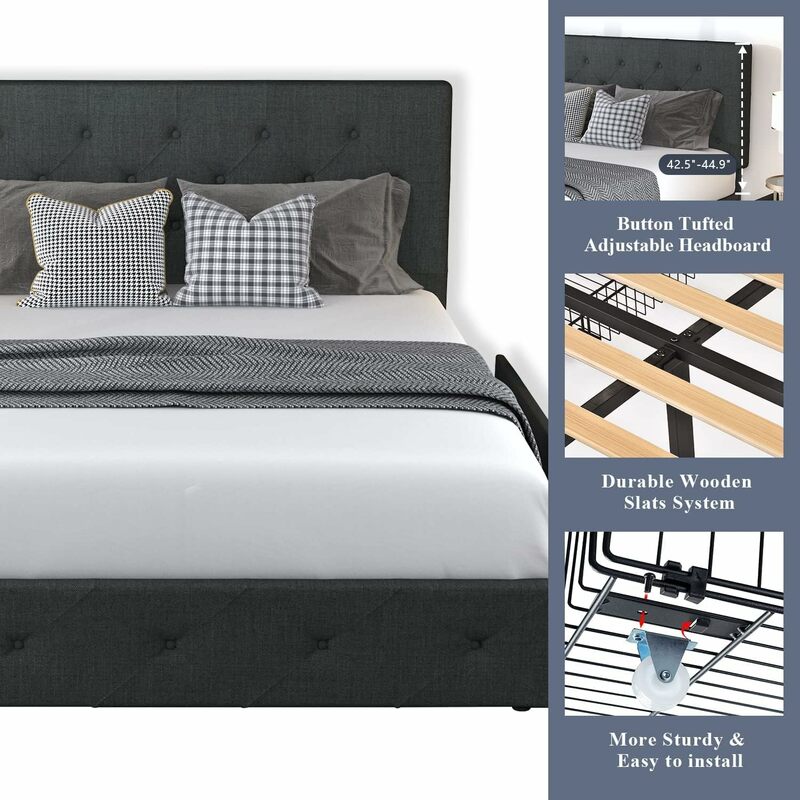 Astrid-quadro de cama queen size com 4 gavetas e cabeceira, cinza escuro