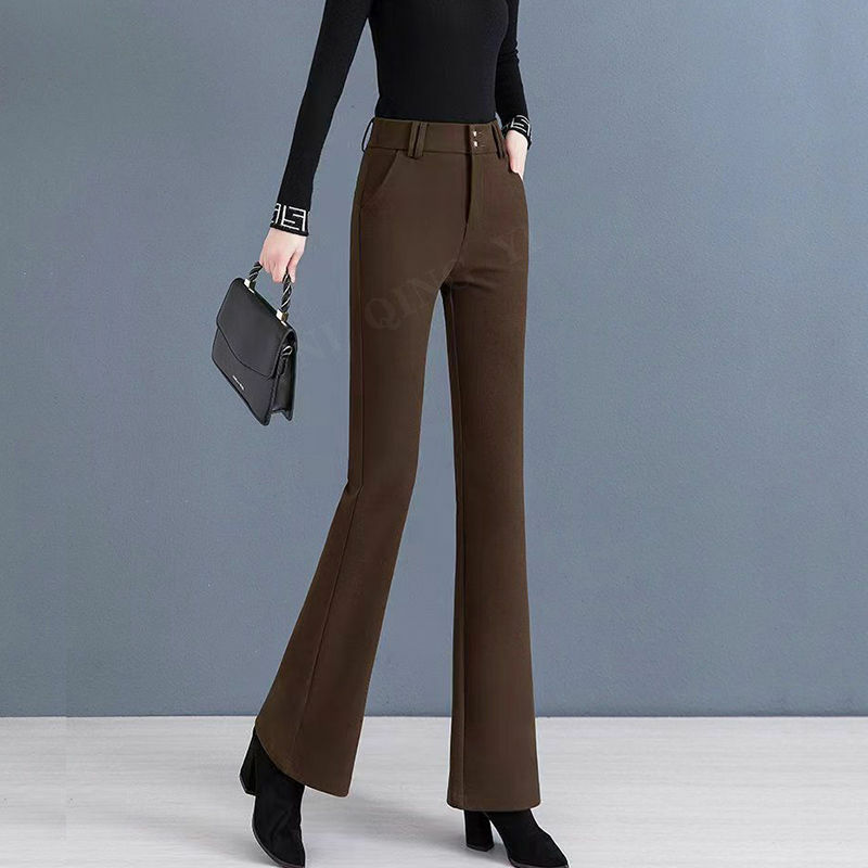 Pantalones de cintura alta con bolsillos para mujer, pantalón informal de lana lisa, O621, primavera y otoño, 2023