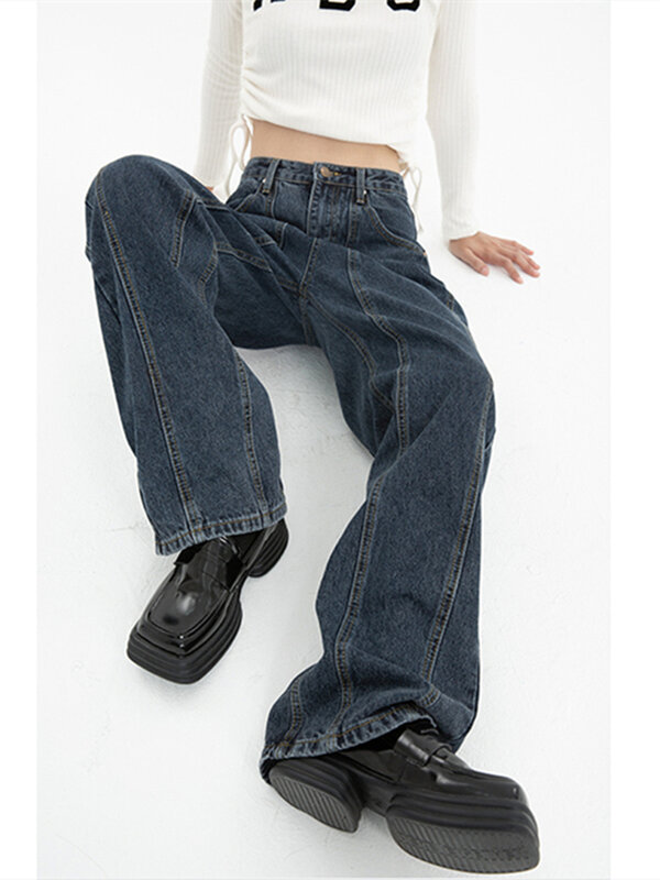 Celana panjang jeans y2k untuk wanita, celana panjang denim kaki lebar longgar lurus retro pinggang tinggi mode Amerika biru tua untuk wanita