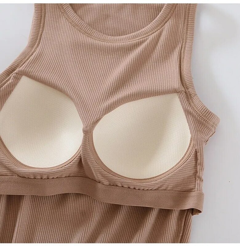 2024 Dames Vest Tops Met Ingebouwde Beha-Hals Vest Gewatteerde Slim Fit Tank Tops Sexy Shirts Geribbeld Hemdjes Casual