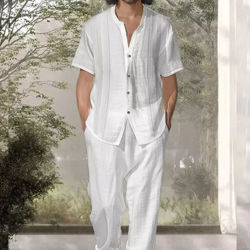 2024 koszula z krótkim rękawem spodnie dorywczo dwuczęściowy zestaw dla mężczyzn nowy szczupły dopasowany Trend jednolity kolor modny zestaw męska