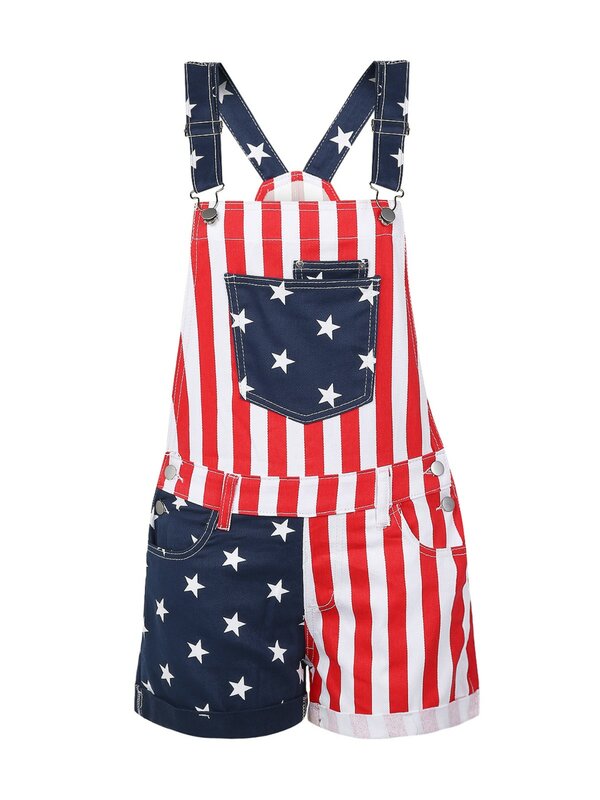 Summer American Flag Men's Jumpsuits Star Printed Women's Jeans Overalls Casual Light Weight Surpender Shorts Trousers