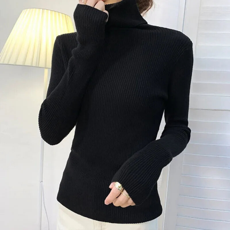 Knitting Pullover Sweater Long Sleeve Bottom Shirt Slim Turtleneck Sweaters Casual Women Autumn Winter Soft Blouse Jumpers 2024