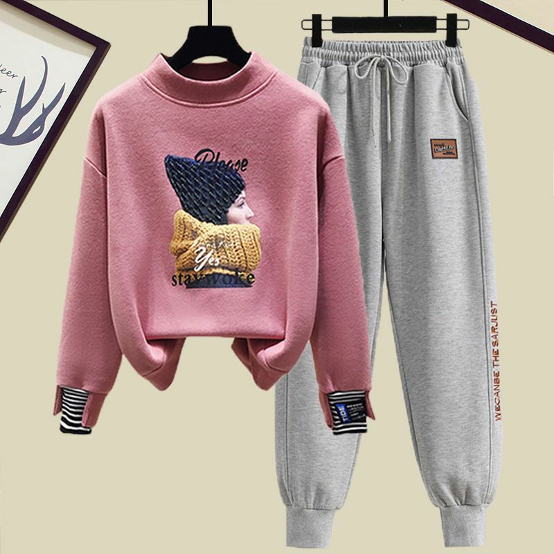 Conjunto de terno esportivo feminino, estilo coreano, suéter rosa solto, tops, calça casual, roupas fofas, outono, inverno, novo, 2 peças