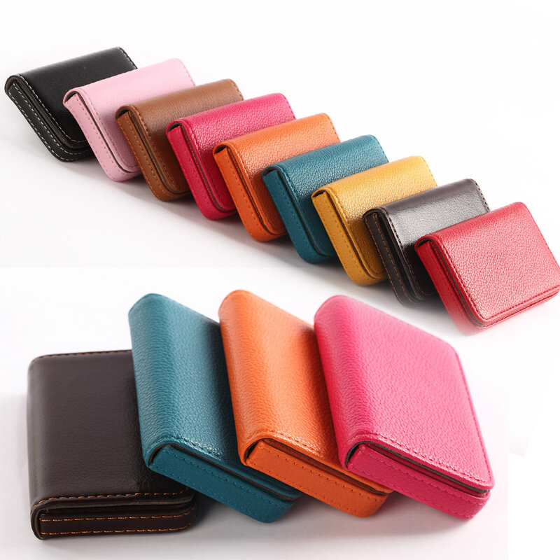 PU Leather Lychee Pattern Business Card Holder with Magnetic Buckle Slim Pocket Name Card Holder Large Capacity Credit Card Case