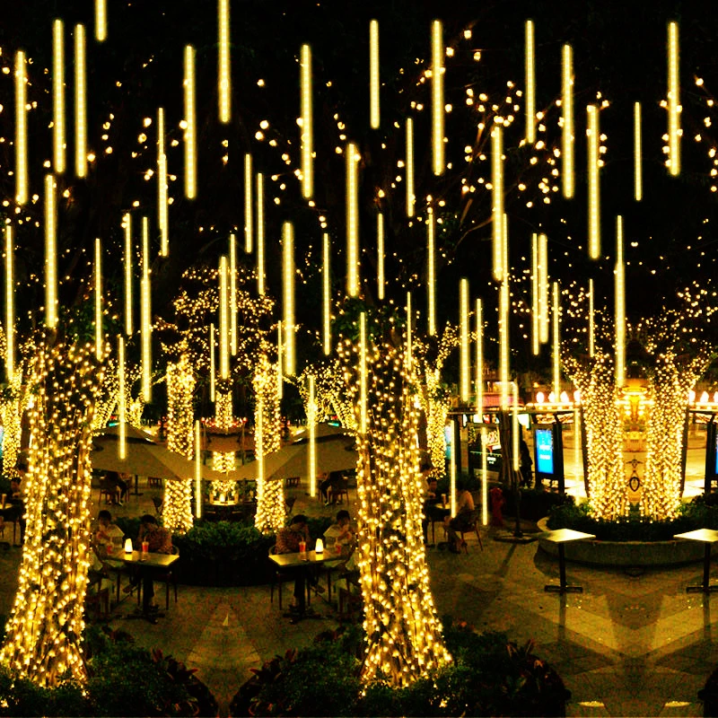 Solar LED Meteor Shower Light, Holiday String Light, impermeável Fairy Garden Garland, Decoração de Natal, ao ar livre, 30 cm, 50cm, 8 tubos