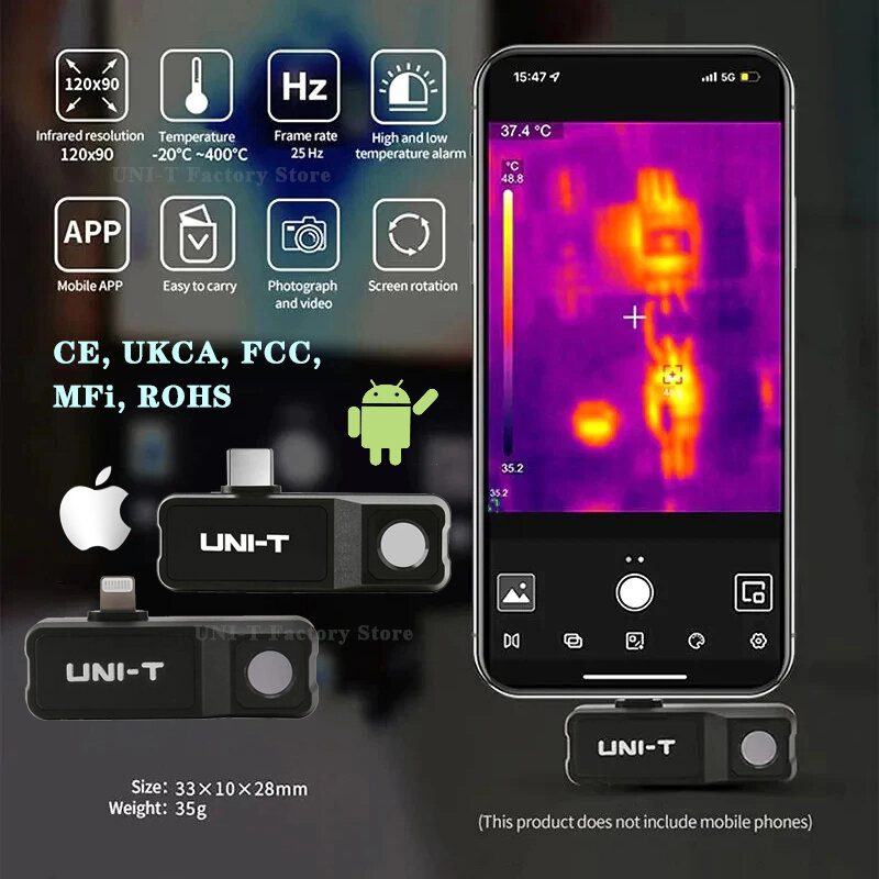 UNI-T UTi120MS UTi120Mobile Caméra d'Imagerie Thermique pour Smartphone Android et iPhone Cycleur Thermique Infrarouge