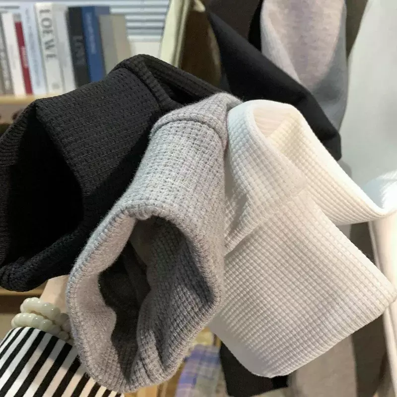 Korean Men Sweatshirt Comfortable Waffle Fabric Crew Neck Sweatshirts Wave Print Casual Loose Sports Pullovers Streetwear Hoodie