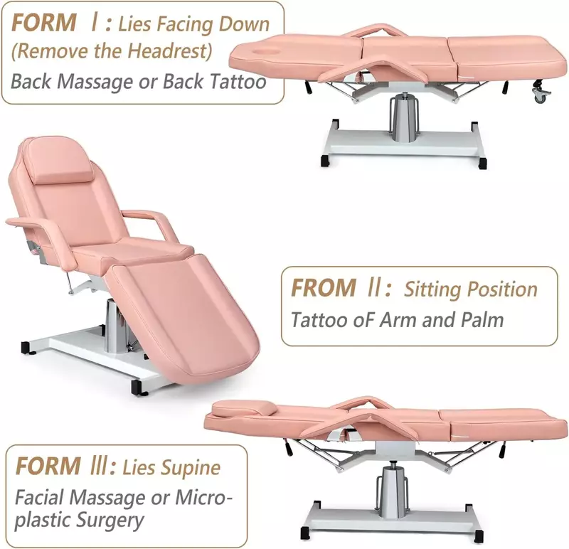 Hydrauliczny stół do masażu twarzy, wielofunkcyjny 3-sekcyjny fotel do tatuażu Łóżko kosmetyczne, regulowany sprzęt do salonu kosmetycznego Spa