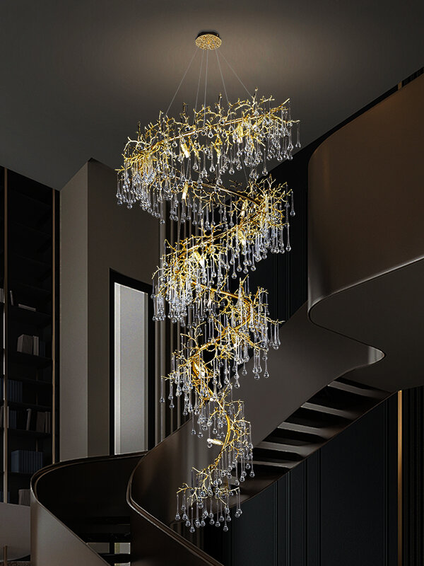 Suspension en cristal de luxe, lumière créative, branche en aluminium, hôtel corrigé par duplex, bâtiment, villa, escalier, nouveau, 2024
