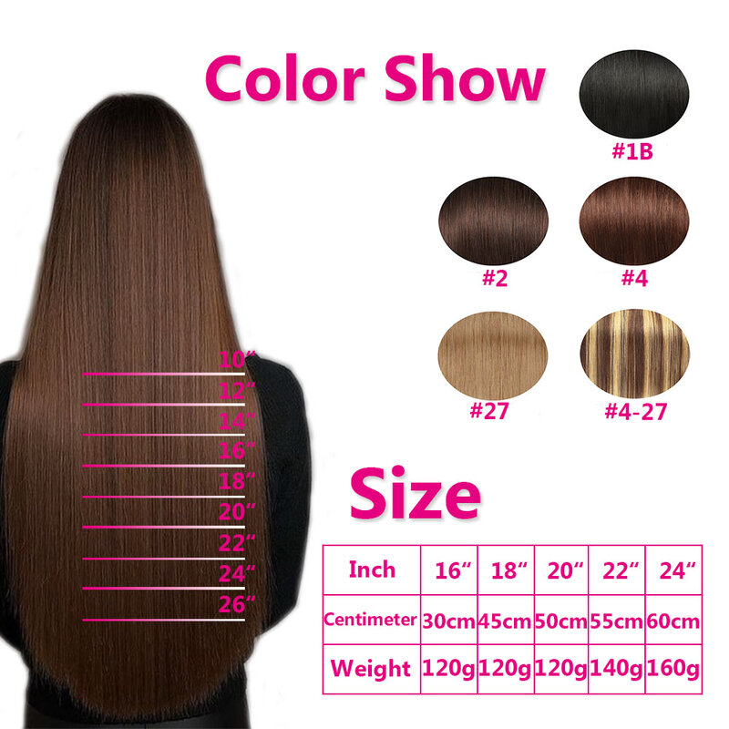 وصلات شعر بشري ريمي برازيلي ، قطعة شعر مستقيمة ، مشبك شعر ، طبيعي ، 16 "-24" ، متوسط-G