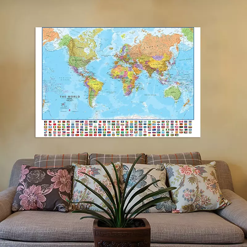 Peinture non tissée de la carte du monde avec drapeaux de pays, affiche d'art mural, image imprimée, décoration d'intérieur, fournitures scolaires et de bureau, 120x80cm