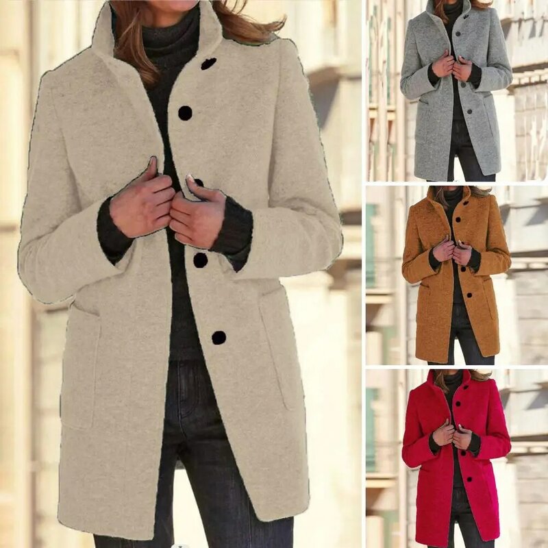 Veste mi-longue avec col montant pour femme, manteau avec une chaleur douce, couleur unie, document ajouté, automne et hiver