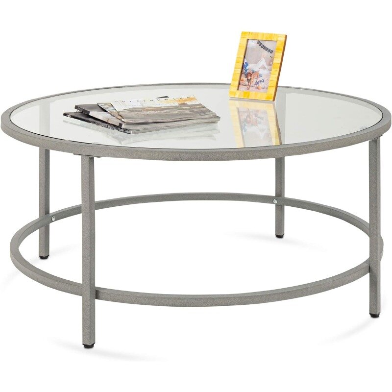 36in Modern Round Tempered Glass Accent Side Coffee Table for Living Room, Dining Room, Tea, Home Décor w/Metal Frame