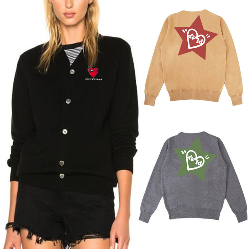 Suéter con cuello en V para mujer, cárdigan bordado con letras de corazón, pentagrama, estampado de letras, botonadura única, manga larga, otoño