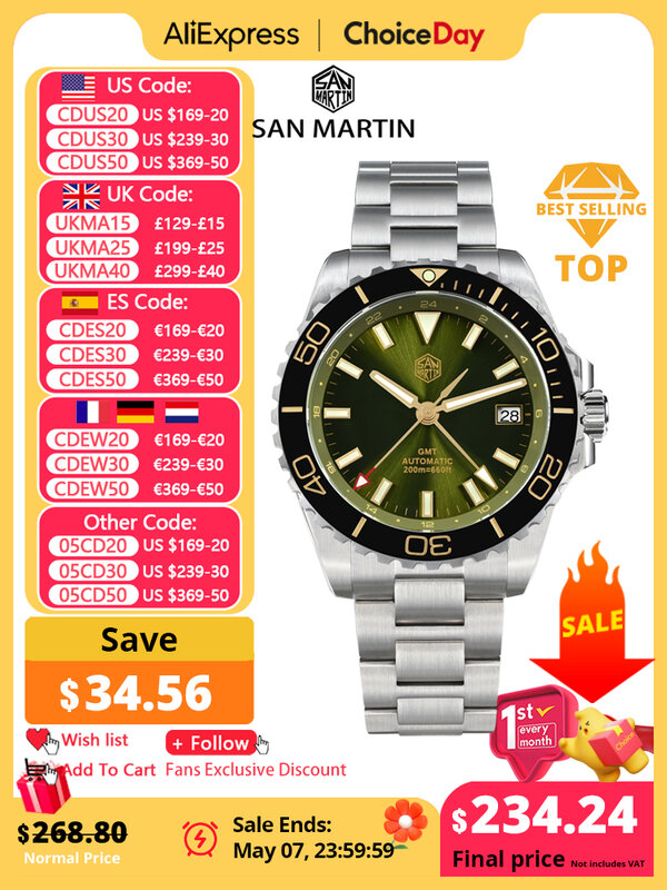 San Martin-relógio mecânico automático de mergulho para homens, mostrador esmalte, luminoso Sapphire, Luxury GMT, NH34 Stainless Steel, 39mm, SN0136